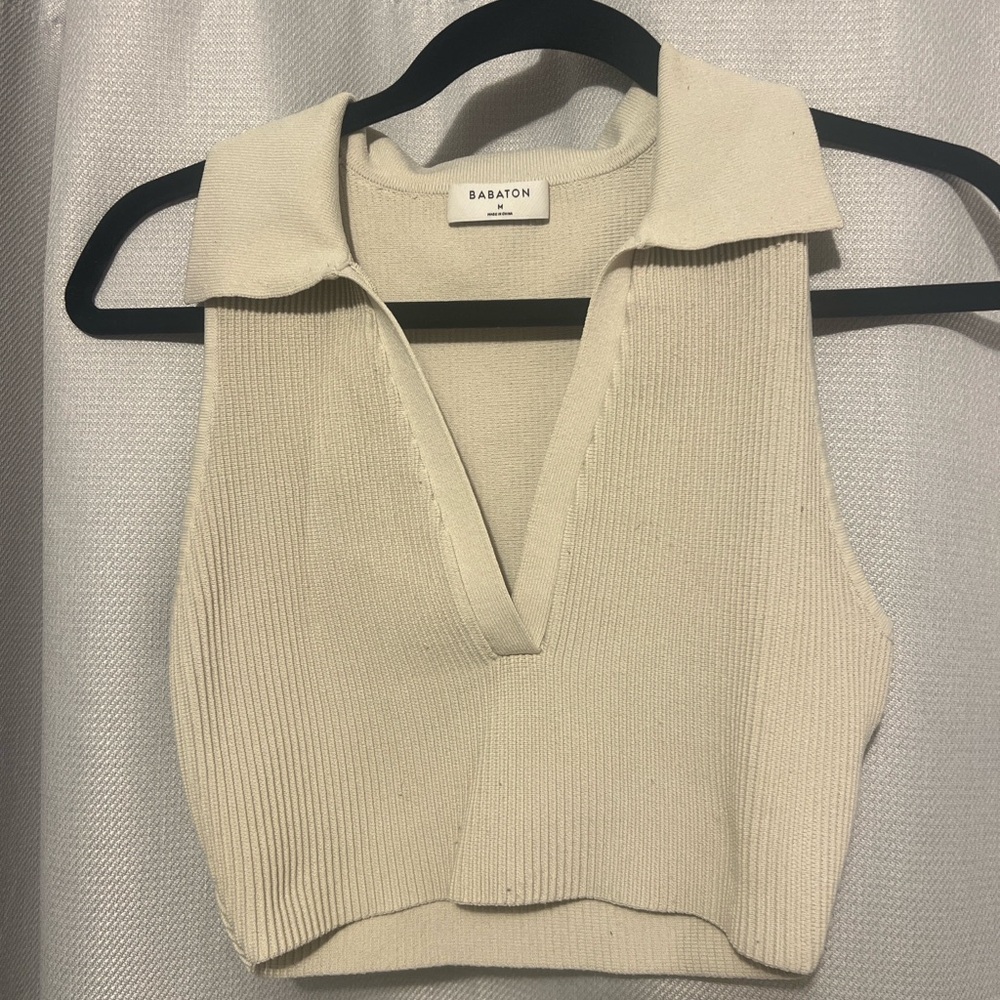 Babaton Beige Ribbed Collared Top